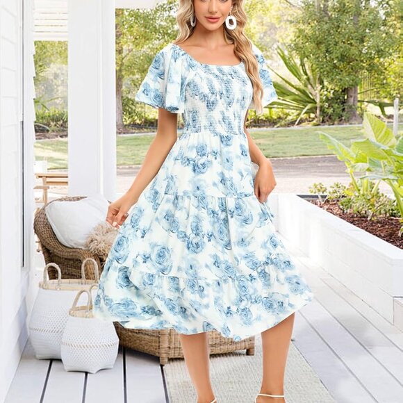 Women's Floral Summer Smocked Midi Dress Boho Square Neck Off-Shoulder - Picture 5 of 6